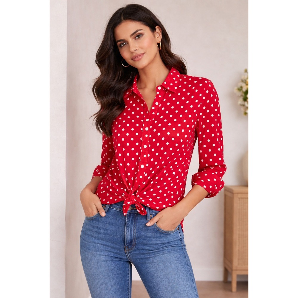 Jones New York Sport - Red White Polka Dot Cotton Button Down Shirt Size PS